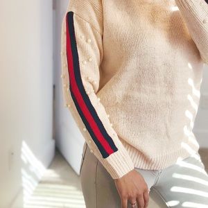 Pearl Beading Striped Sleeve Sweater